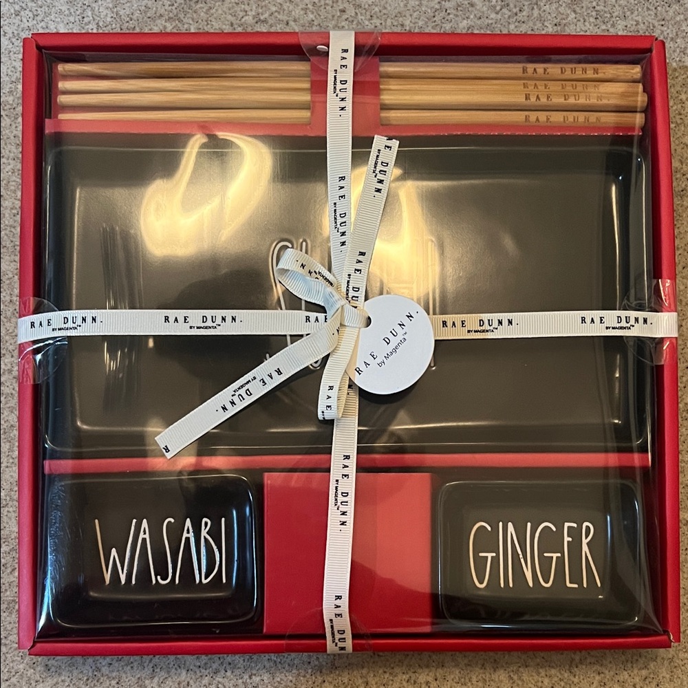Rae Dunn Sushi Set, with Wasabi and Ginger Compartments, and Chopsticks, Black